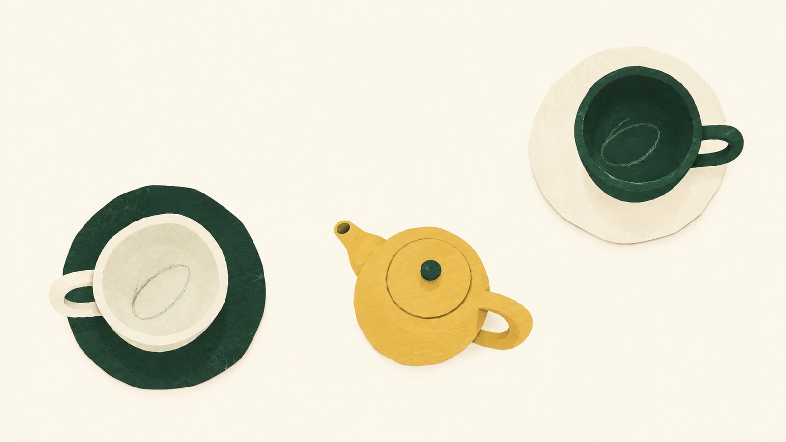 Cut-paper illustration of two mismatched teacups and a small golden teapot on parchment.