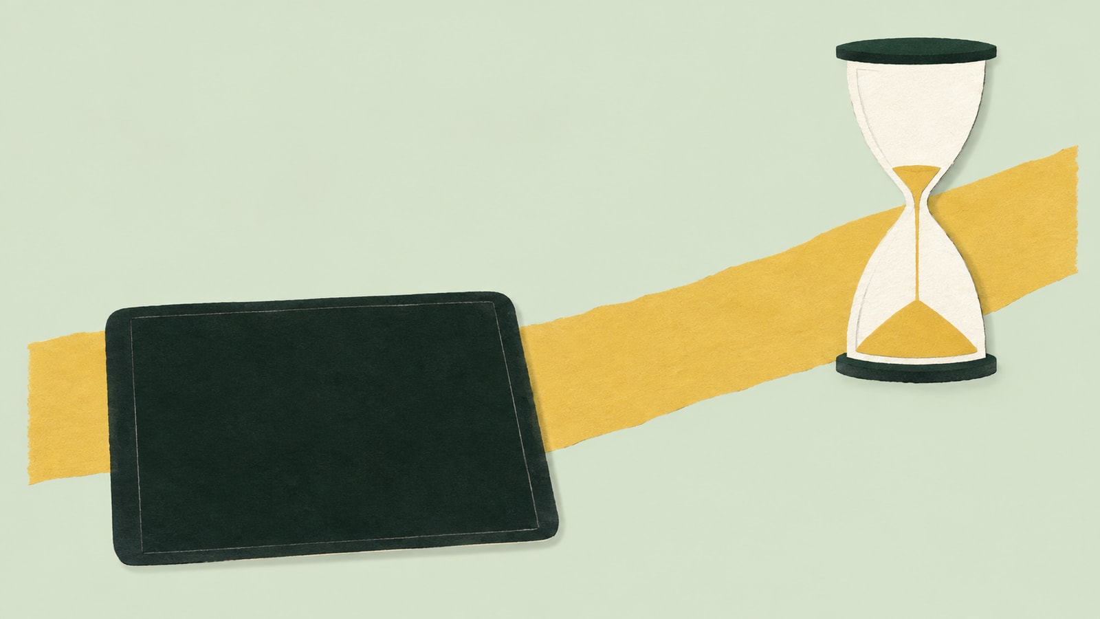 Cut-paper illustration of a dark tablet and a cream sand timer beside a golden strip on a sage background.