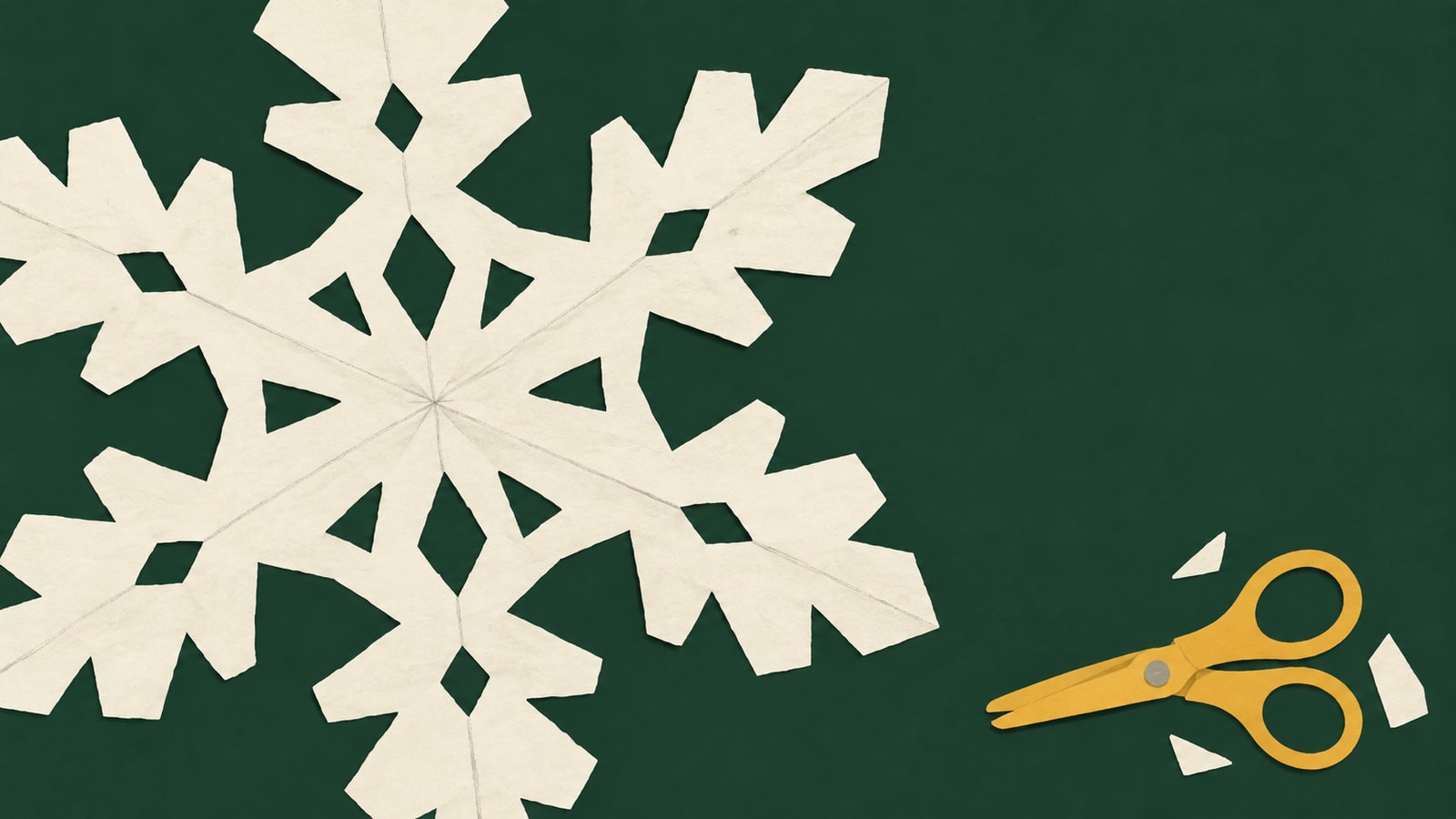 Cut-paper illustration of a large cream paper snowflake, golden craft scissors, and paper scraps on dark green.