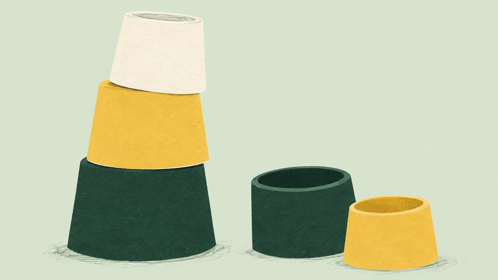 Cut-paper illustration of a tower of nesting toys and two loose stacking cups on a sage background.