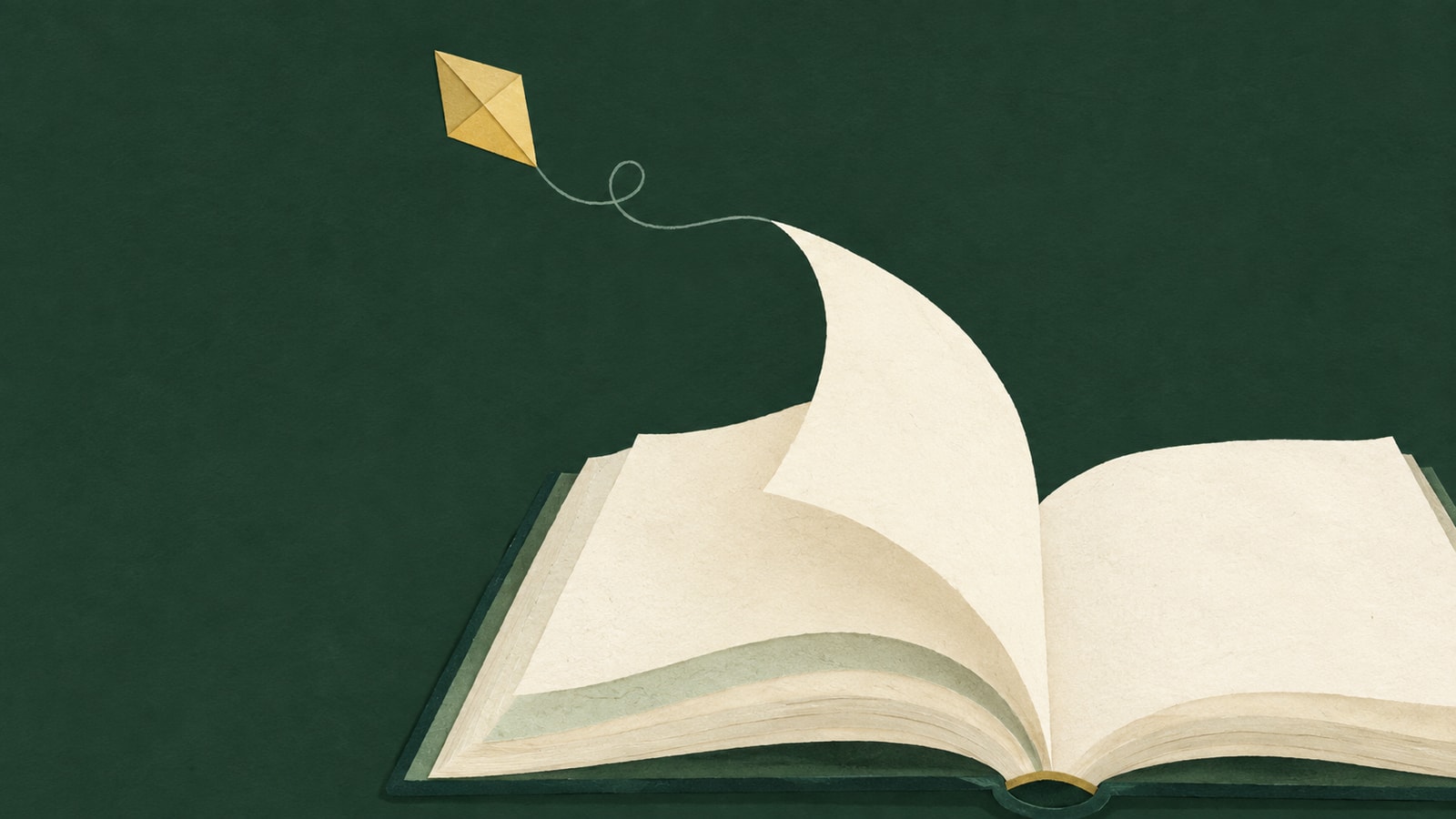 Paper-collage illustration of an open cream book and a small golden kite against a dark green background.