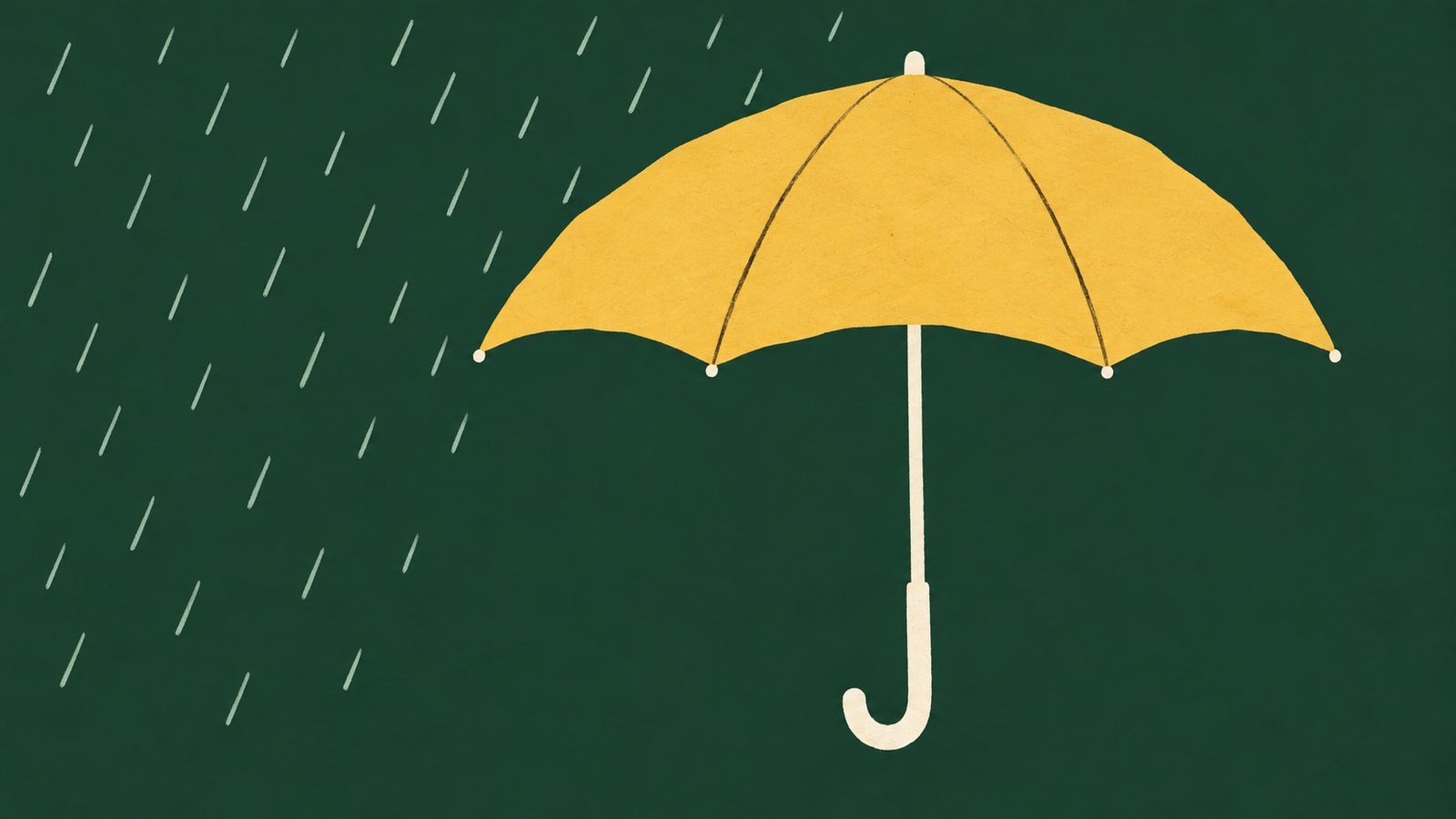 Cut-paper illustration of a golden umbrella sheltering a quiet patch from rain on a dark green background.