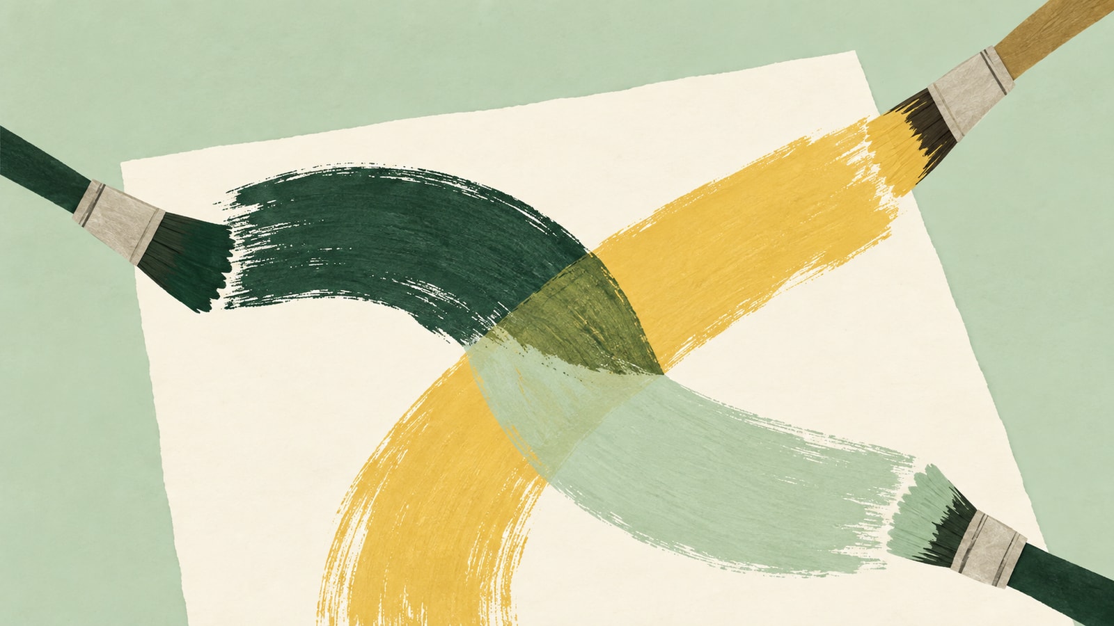 Cut-paper illustration of three paintbrushes around a cream sheet with overlapping green and gold brushstrokes.