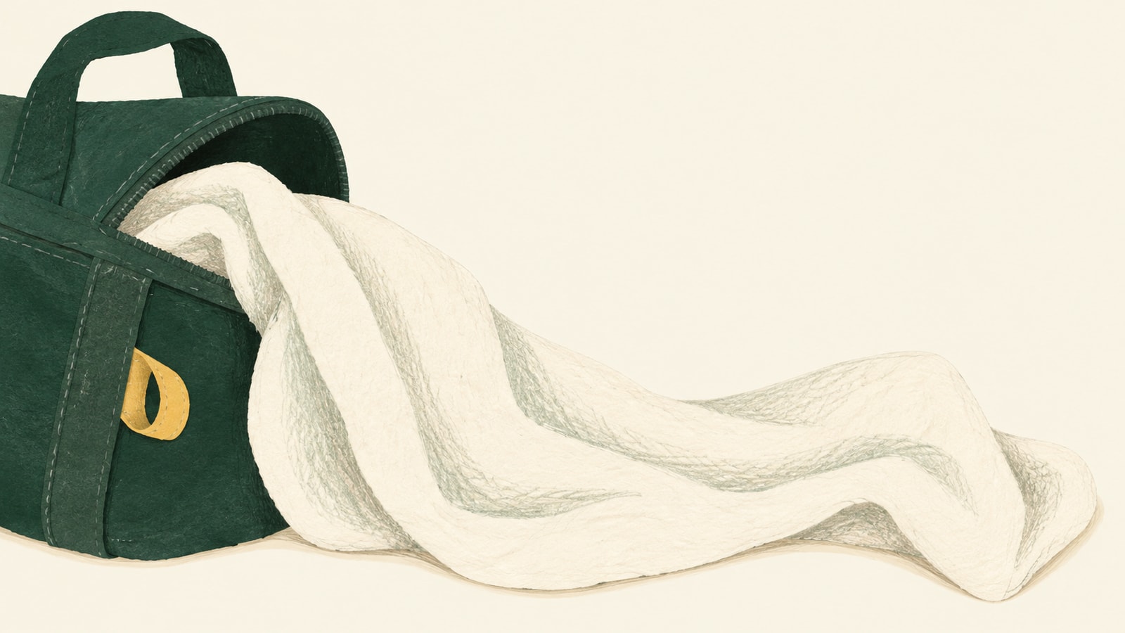 Cut-paper illustration of a cream comfort blanket spilling from a green bag onto a parchment background.