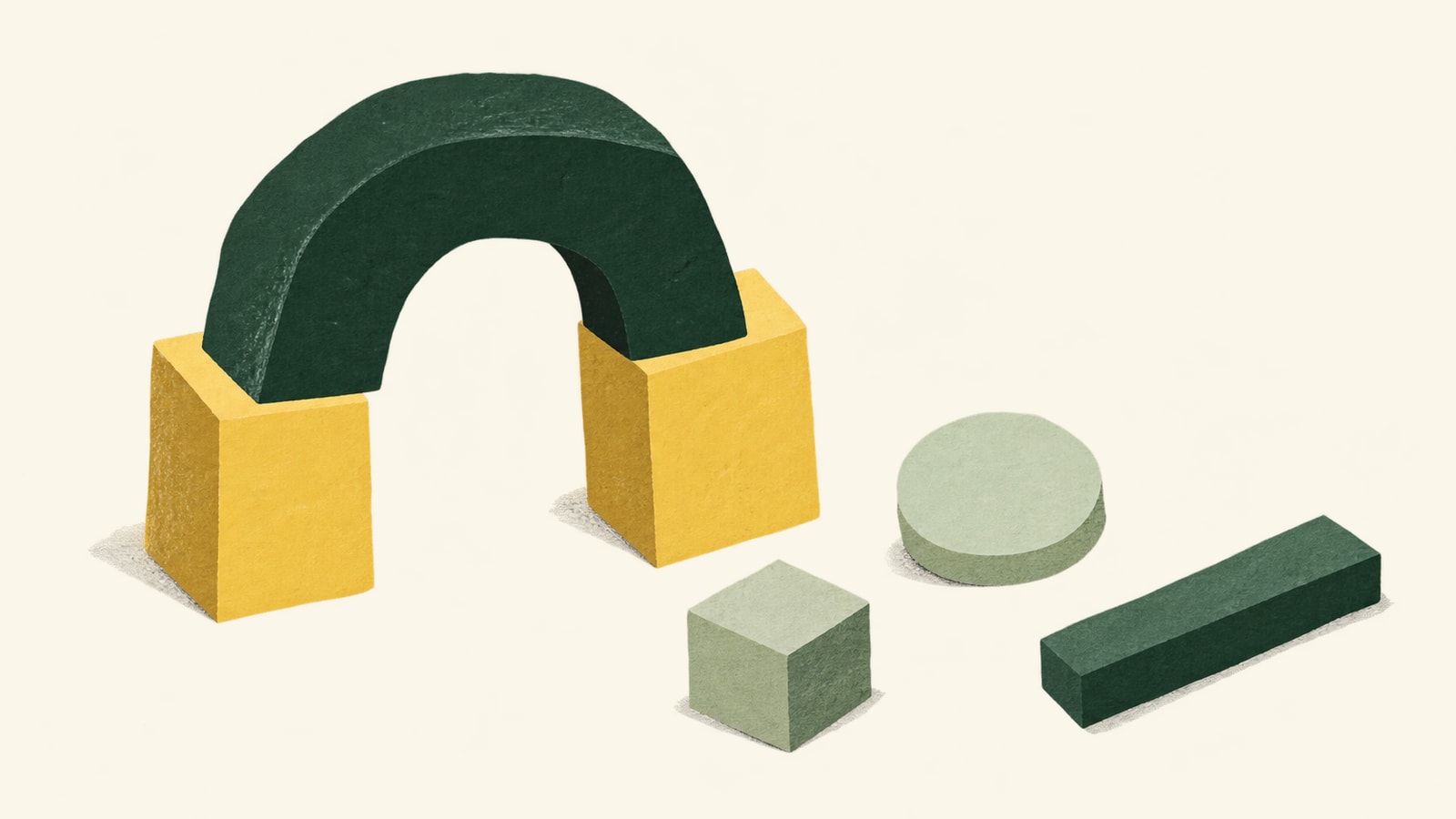 Cut-paper illustration of an uneven toy-block construction with a green arch and scattered shapes.