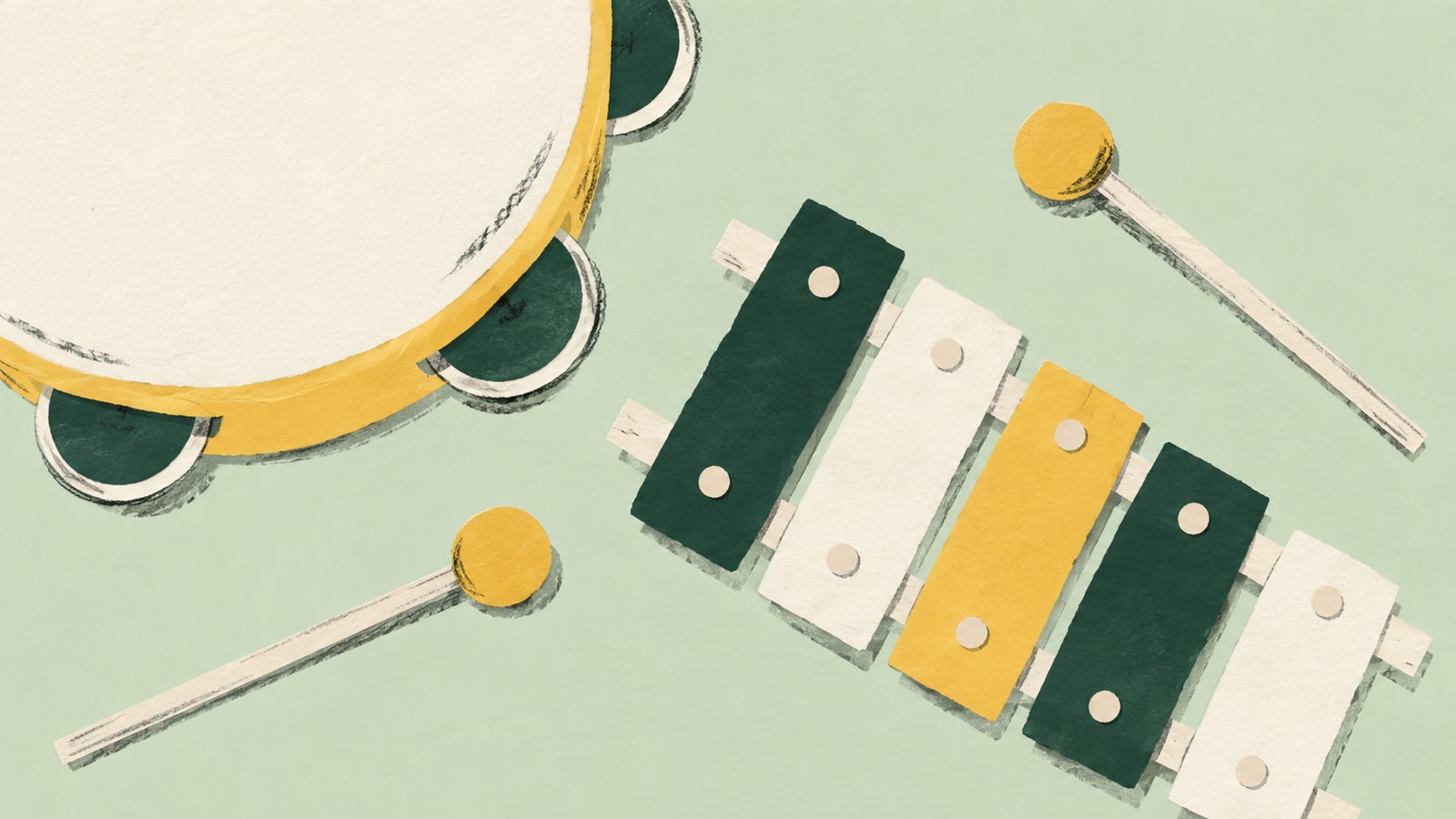 Cut-paper illustration of a cropped tambourine, a diagonal xylophone, and two beaters on a sage background.