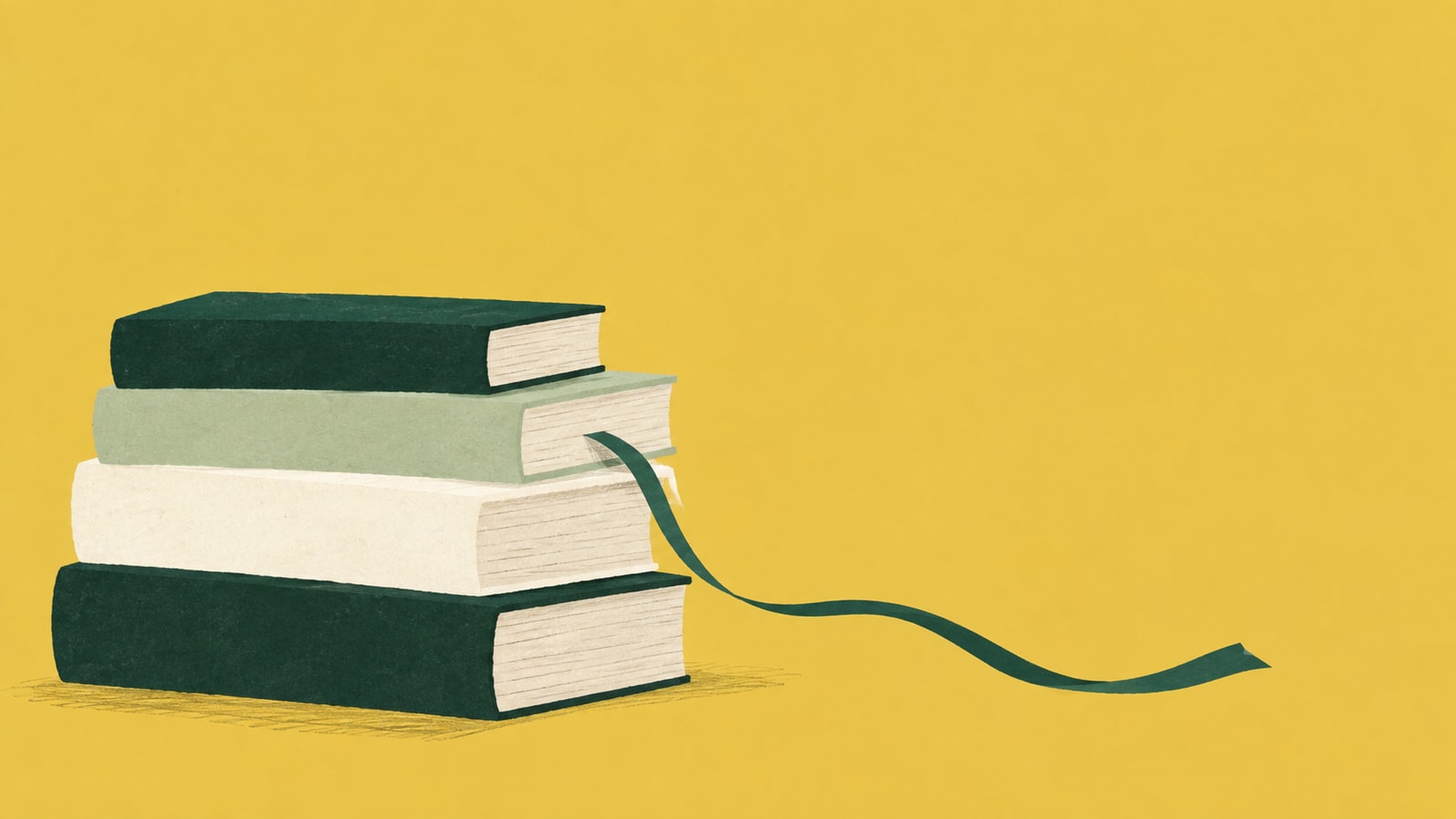 Cut-paper illustration of four stacked books with a green ribbon bookmark on a golden background.