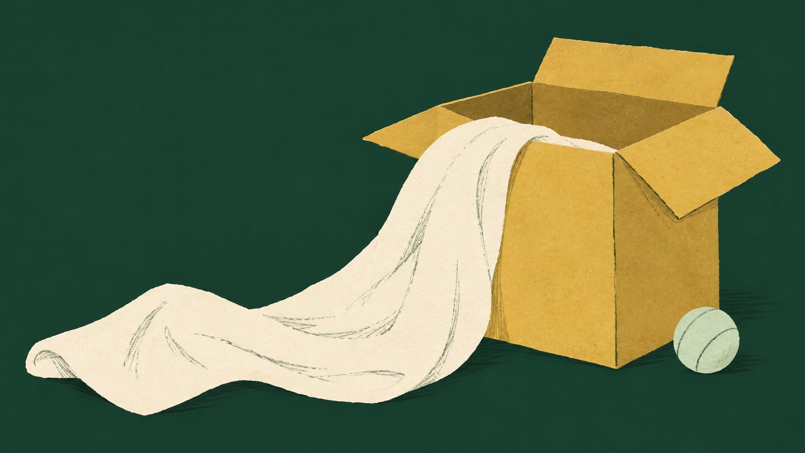 Cut-paper illustration of an open golden cardboard box, a trailing cream cloth, and a sage ball on dark green.