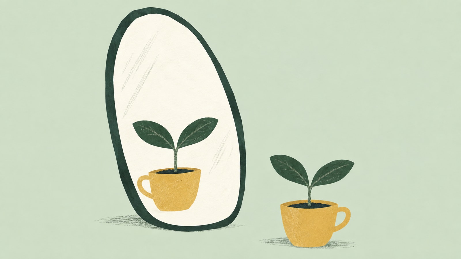 Cut-paper illustration of a two-leaf seedling in a golden cup reflected in an oval mirror.